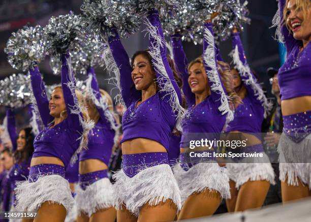 Cheerleaders dance in the stands during the Vrbo Fiesta Bowl between the Michigan Wolverines and the TCU Horned Frogs on Saturday, December 31st,...