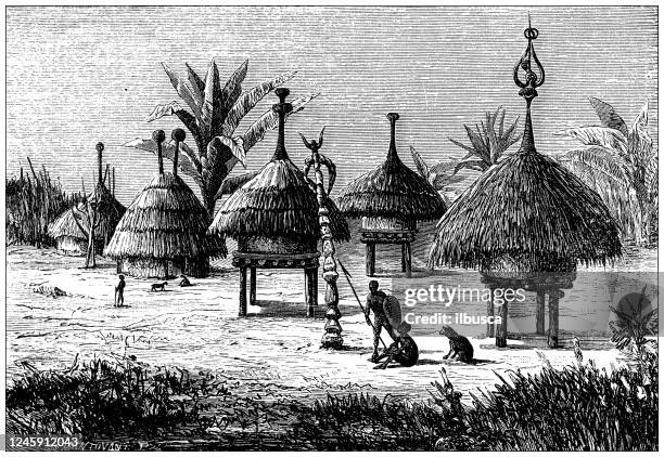 antique illustration: barn granary in njam njam - african village stock illustrations