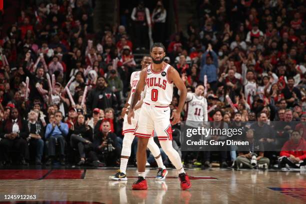 Fans celebrate a play by Coby White of the Chicago Bulls during the game against the Cleveland Cavaliers on December 31, 2022 at the United Center in...