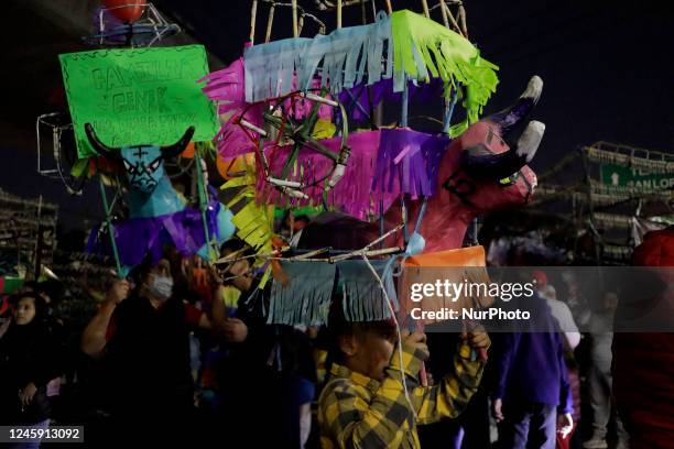 Person holds a torito in Santa Maria Tomatlan in Iztapalapa, Mexico City, during a parade of bulls in the streets of the area to welcome the New Year...