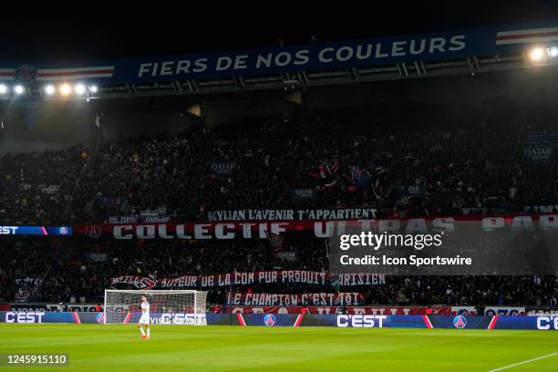 Ultras are waving banners prior to the French Ligue 1 match between Paris Saint-Germain and RC Strasbourg on December 28 at Parc des Princes in...