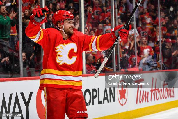 Rasmus Andersson of the Calgary Flames celebrates after a goal against the Vancouver Canucks at Scotiabank Saddledome on December 31, 2022 in...