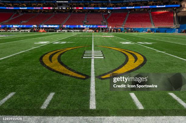 The college football playoff logo prior to the Chick-fil-A Peach Bowl College Football Playoff Semifinal game between the Ohio State Buckeyes and the...