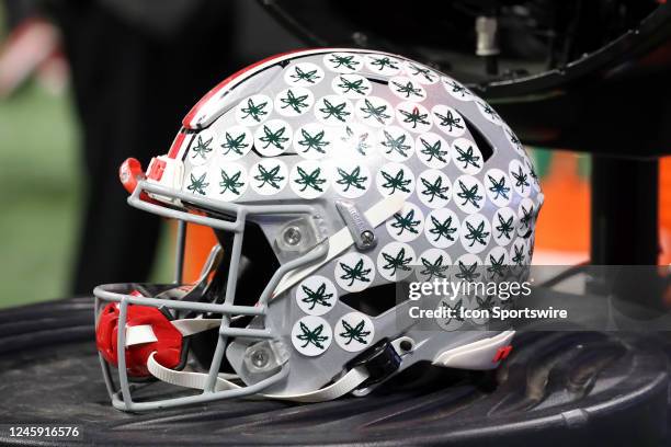 General view of an Ohio State Buckeyes helmet during the college football Playoff Semifinal game at the Chick-fil-a Peach Bowl between the Georgia...