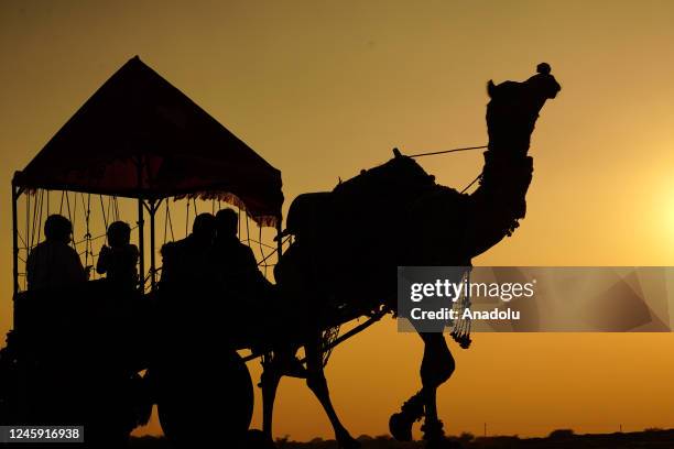 Silhouettes of Indian tourists are seen as they enjoying camel safari during the year's last sunset in Desert of Pushkar, Rajasthan, India on...