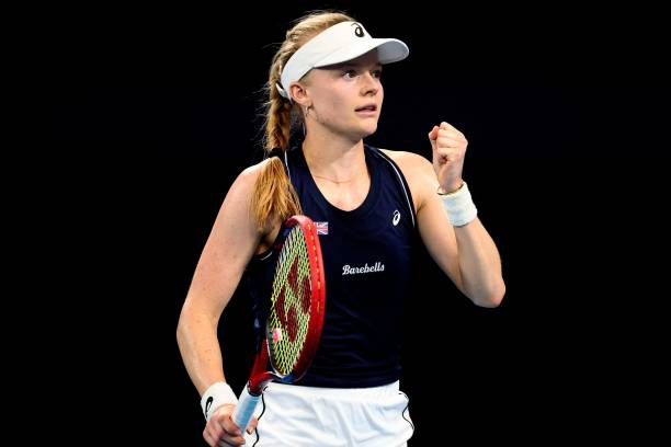 Britain's Harriet Dart reacts on a point against Spain's Paula Badosa during their womens singles match on day four of the United Cup tennis...