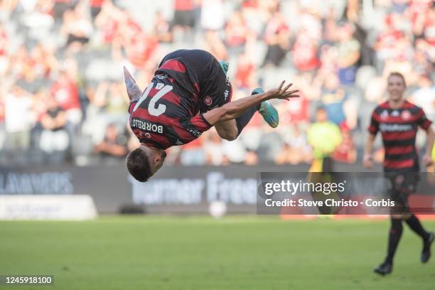 Brandon Borrello of the Wanderers reacts to scoring a goal during the round 10 A-League Men's match between Western Sydney Wanderers and Macarthur FC...