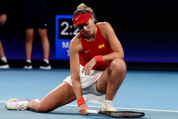 Spain's Paula Badosa reacts on a point against Britain's Harriet Dart during their womens singles match on day four of the United Cup tennis...