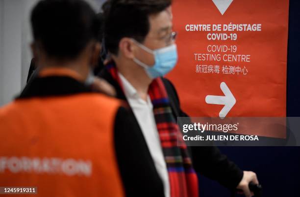 Travellers of a flight from China enter the COVID-19 testing centre of the Paris-Charles-de-Gaulle airport in Roissy, outside Paris, on January 1 as...