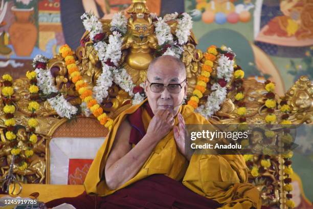 Tibetan spiritual leader Dalai Lama leads a long-life prayer offered to him by the Geluk Tibetan Buddhist tradition at the Kalachakra ground, of Bodh...