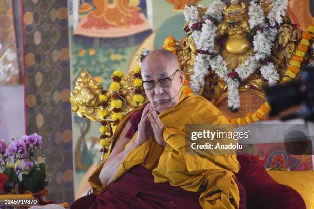 Tibetan spiritual leader Dalai Lama leads a long-life prayer offered to him by the Geluk Tibetan Buddhist tradition at the Kalachakra ground, of Bodh...