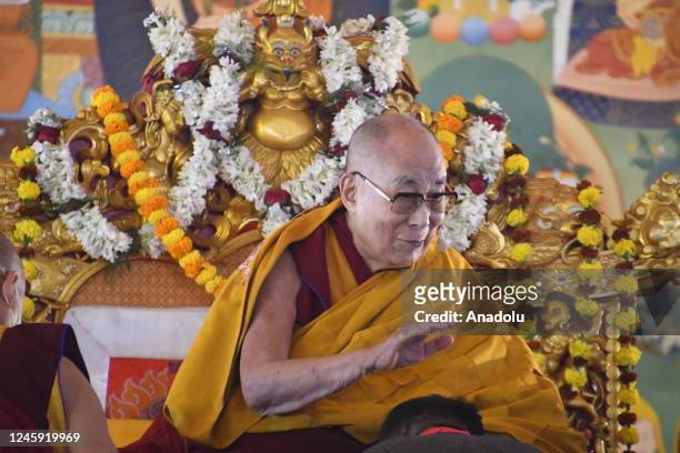 Tibetan spiritual leader Dalai Lama leads a long-life prayer offered to him by the Geluk Tibetan Buddhist tradition at the Kalachakra ground, of Bodh...