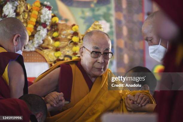 Tibetan spiritual leader Dalai Lama attends the long-life prayer offered to him by the Geluk Tibetan Buddhist tradition at the Kalachakra ground, of...