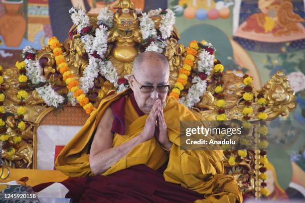 Tibetan spiritual leader Dalai Lama leads a long-life prayer offered to him by the Geluk Tibetan Buddhist tradition at the Kalachakra ground, of Bodh...