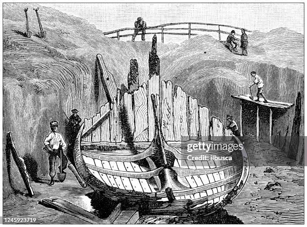 antique illustration: norway ship shipwreck - viking ship stock illustrations
