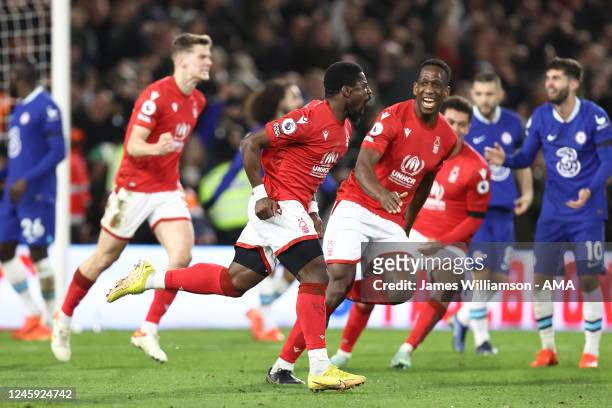 Serge Aurier of Nottingham Forest celebrates after scoring a goal to make it 1-1 during the Premier League match between Nottingham Forest and...