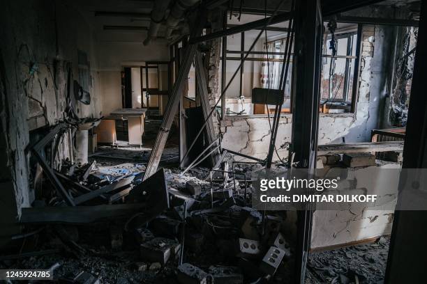 This photograph taken on January 1 shows an inside view of a damaged room at the regional Children's Hospital after a Russian missile strike in the...