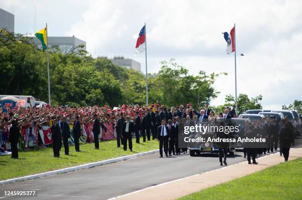 President-elect of Brazil Luiz Inacio Lula da Silva waves to supporters along his wife Rosangela da Silva, Vice-President-elect Geraldo Alckmin and...