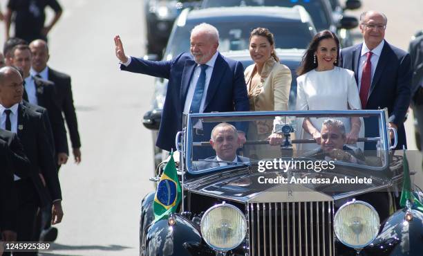 President-elect of Brazil Luiz Inacio Lula da Silva waves to supporters along his wife Rosangela da Silva, Vice-President-elect Geraldo Alckmin and...