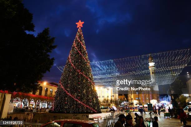View of a Christmas tree and the Manger Square in Bethlehem, Palestinian Territories on December 28, 2022.