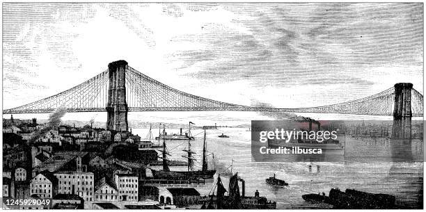 antique illustration: brooklyn bridge - suspension stock illustrations