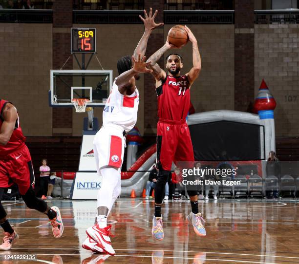January 1: Mychal Mulder of the Sioux Falls Skyforce spots up for a three pointer against the Ontario Clippers at the Sanford Pentagon on January 1,...