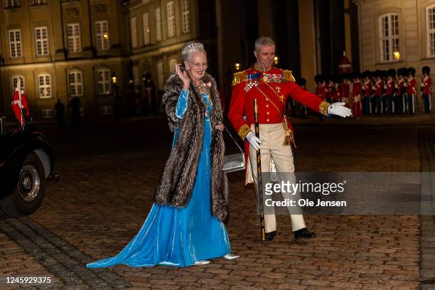 Queen Margrethe of Denmark arrives at Queen Margrethe of Denmark's New Year's levee and banquet at Amalienborg Royal Palace on January 1, 2023 in...