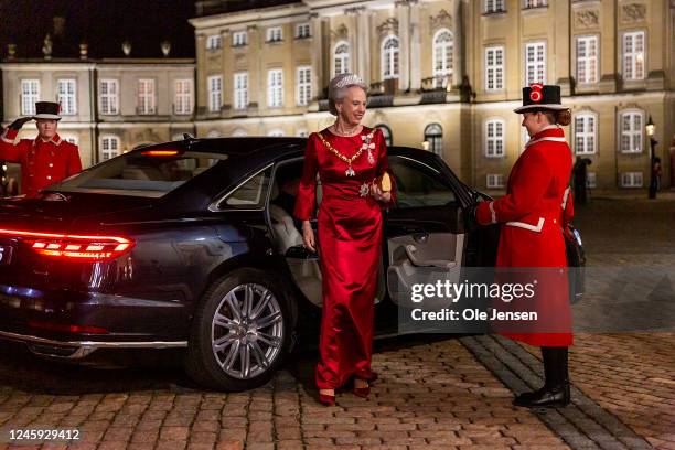 Princess Benedikte of Denmark arrives at Queen Margrethe of Denmark's New Year's levee and banquet at Amalienborg Royal Palace on January 1, 2023 in...