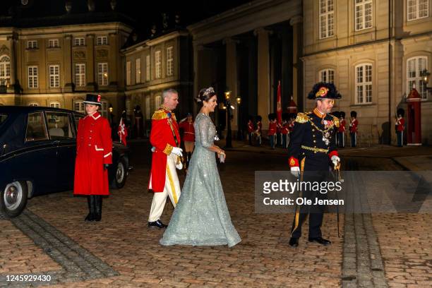 Crown Princess Mary of Denmark and Crown Prince Frederik of Denmark arrive at Queen Margrethe of Denmark's New Year's levee and banquet at...