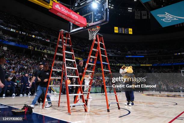 Mascot Rocky the Mountain Lion of the Denver Nuggets looks on whole the basket is adjusted after a dunk by Robert Williams III of the Boston Celtics...