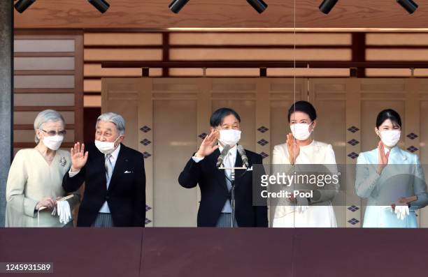 Japan's imperial family members former Empress Michiko, former Emperor Akihito, Emperor Naruhito, Empress Masako and Princess Aiko wave during the...