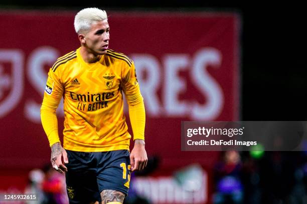 Enzo Fernandez of SL Benfica gestures during the Liga Portugal Bwin match between Sporting Braga and SL Benfica at Estadio Municipal de Braga on...