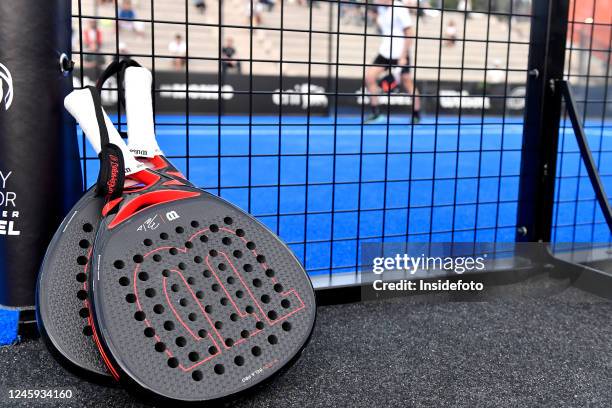 Couple of Padel rackets model Wilson Bela pro are seen off the court during the Italy Major Premier Padel 2022.
