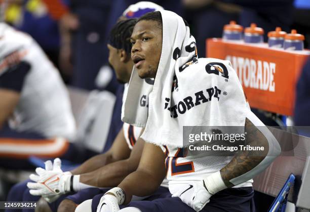 Chicago Bears running back David Montgomery sits on the bench in the fourth quarter against the Detroit Lions on Sunday, Jan. 1 at Ford Field in...
