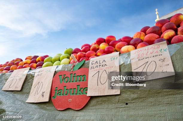 Prices displayed in euros and kuna currencies at the farmers market in Zagreb, Croatia, on Monday, Jan. 2, 2023. Croatia joined the euro zone and...