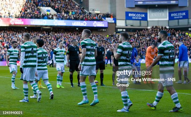 The Celtic team walk out during a cinch Premiership match between Rangers and Celtic at Ibrox Stadium, on January 02 in Glasgow, Scotland.