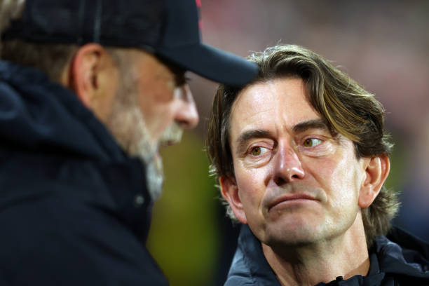 Jurgen Klopp manager of Liverpool with Brentford Manager Thomas Frank during the Premier League match between Brentford FC and Liverpool FC at...