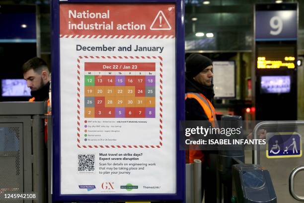 An information sheet displayed at Kings Cross station in London, on January 2 advises the public on strike action on National Railways. - Strikes are...