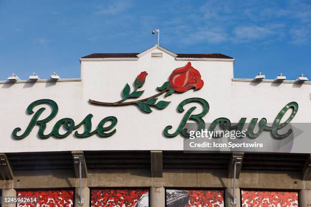 General view of the exterior of the Rose Bowl Stadium logo before the Rose Bowl game between the Penn State NittanyLions and the Utah Utes on January...