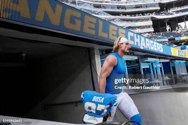 Inglewood, CA, Sunday, January 1, 2022 - Chargers defensive lineman Joey Bosa enters the field for warm ups before a game against the LA Rams at SoFi...