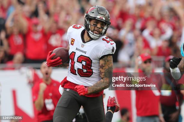 Tampa Bay Buccaneers wide receiver Mike Evans hauls in a long pass for a touchdown during the regular season game between the Carolina Panthers and...