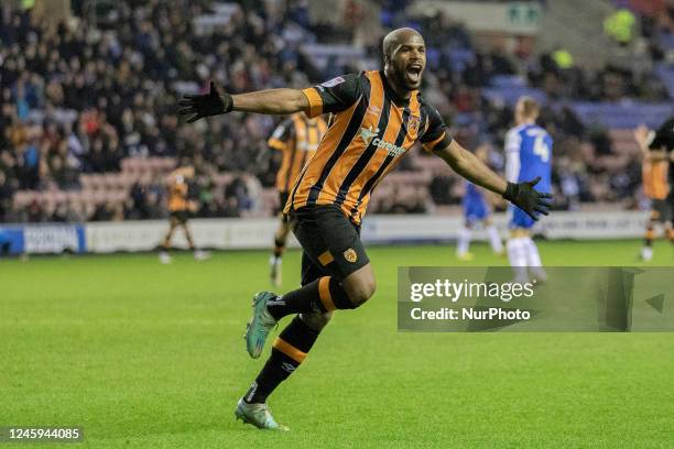 Oscar Estupinan celebrates his goal during the Sky Bet Championship match between Wigan Athletic and Hull City at the DW Stadium, Wigan on Monday 2nd...