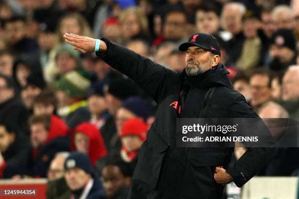 Liverpool's German manager Jurgen Klopp gestures on the touchline during the English Premier League football match between Brentford and Liverpool at...