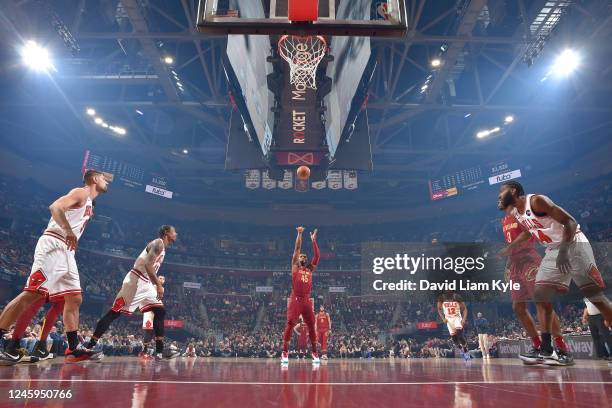 Donovan Mitchell of the Cleveland Cavaliers shoots a free throw during the game against the Chicago Bulls on January 2, 2022 at Rocket Mortgage...
