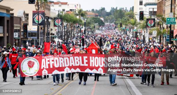 Pasadena, CA The Peoples Rose Parade protests for more affordable housing and rent control after the 134th Rose Parade along in Pasadena on Monday,...