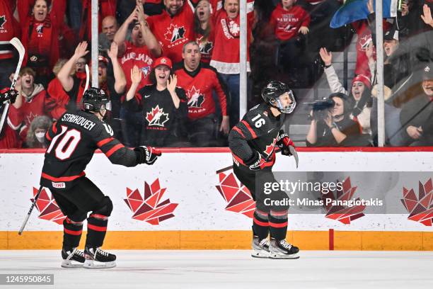 Connor Bedard of Team Canada celebrates his goal during the first period against Team Slovakia in the quarterfinals of the 2023 IIHF World Junior...