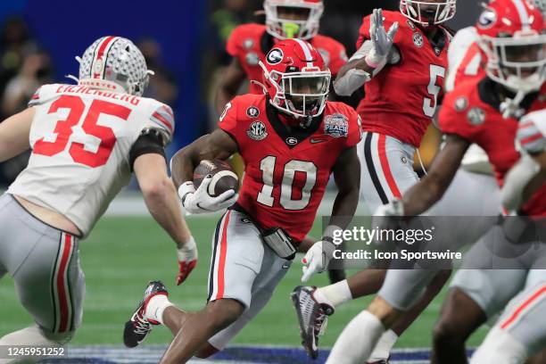 Georgia Bulldogs wide receiver Kearis Jackson runs into the OSU defensive line during the college football playoff semifinal game between the...