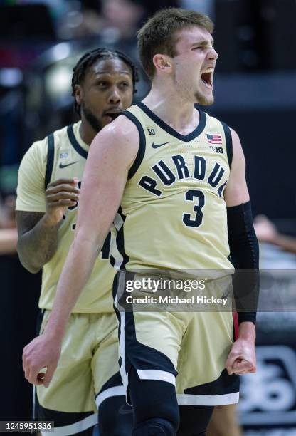 Braden Smith of the Purdue Boilermakers reacts during the first half against the Rutgers Scarlet Knights at Mackey Arena on January 2, 2023 in West...