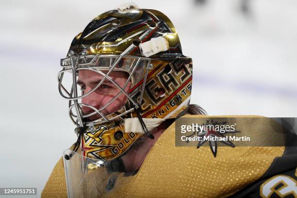 Goaltender Logan Thompson of the Vegas Golden Knights warms up prior to the game against the Colorado Avalanche at Ball Arena on January 2, 2023 in...