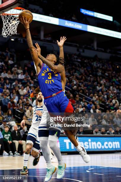 Bones Hyland of the Denver Nuggets goes up for a shot against the Minnesota Timberwolves in the first quarter of the game at Target Center on January...